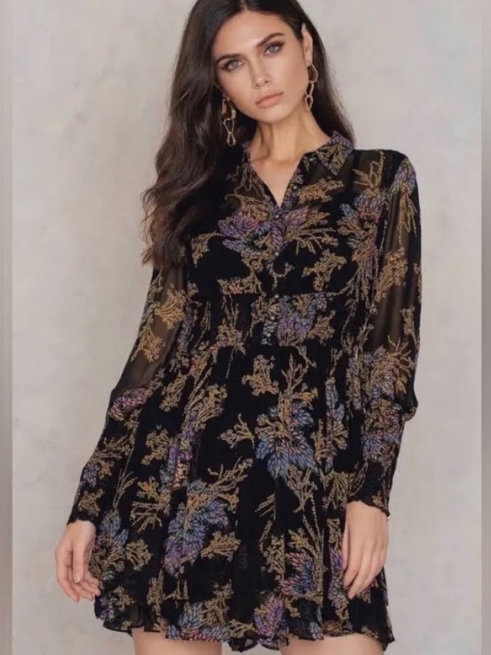 Free People | Women’s Black Floral Long-Sleeve Button Front Lined Mini Dress M